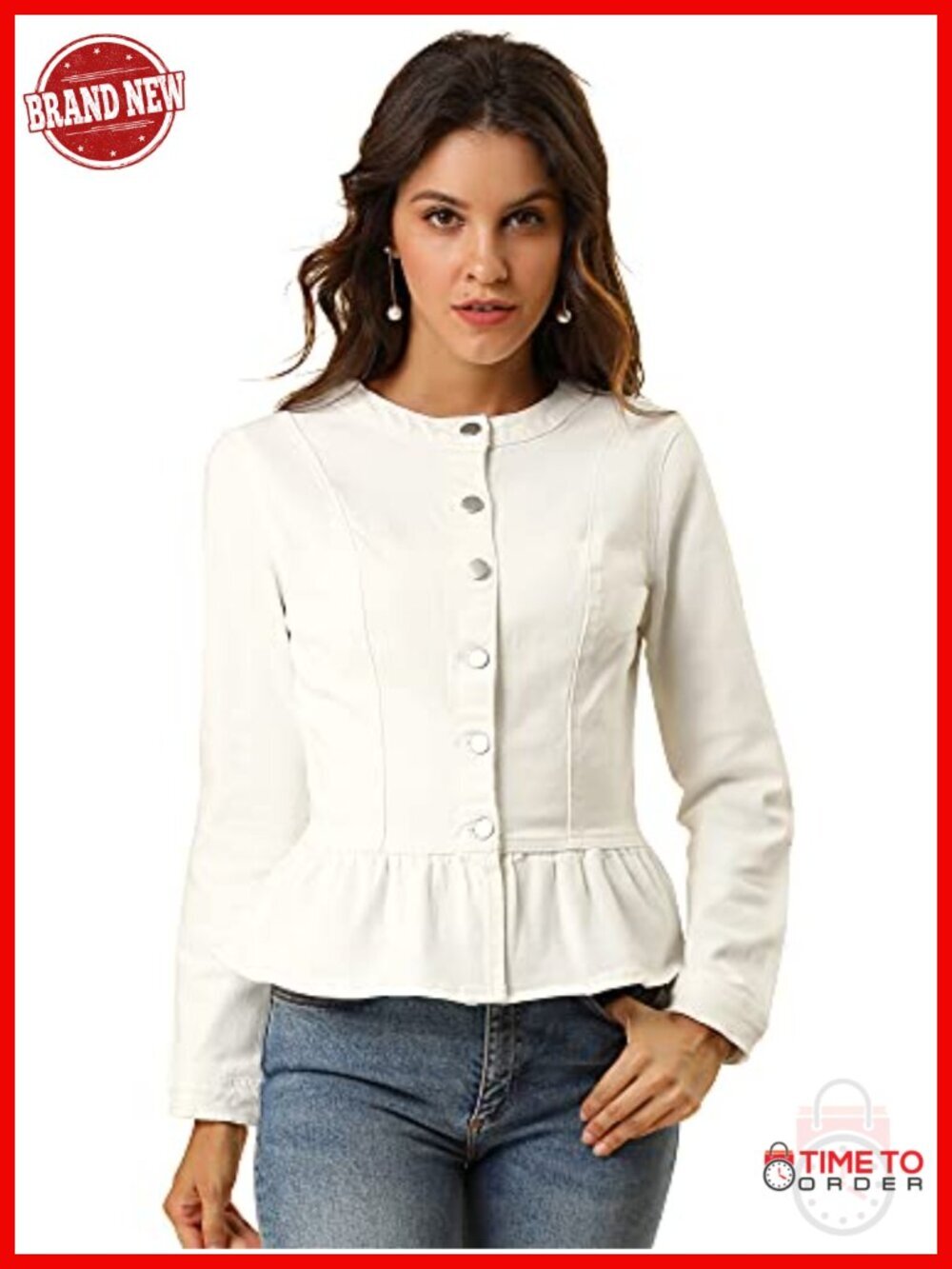 Women's Peplum Denim Jacket Crop Ruffle Hem Button Down